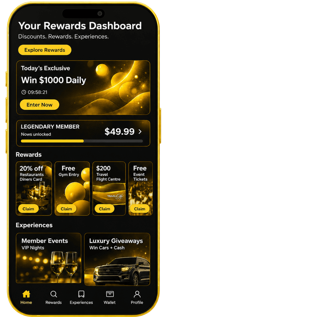 RS Rewards app dashboard showing giveaways, rewards, and experiences